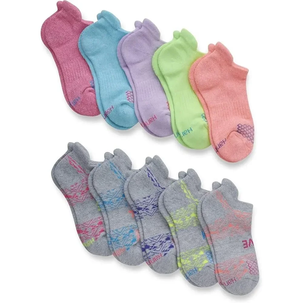 New 10 Pack Hanes Girls Small No Show Fit Heel Shield Assorted Socks